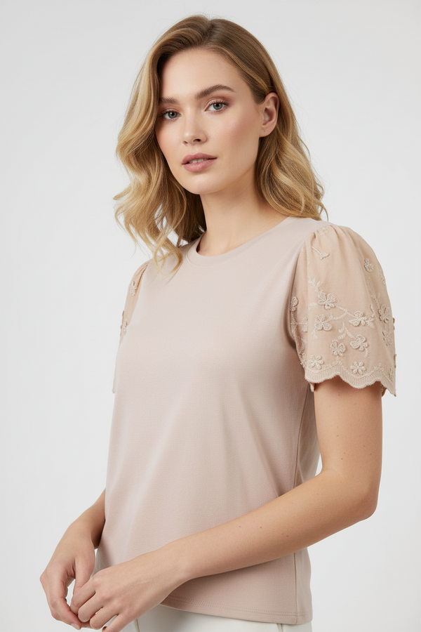 Дамска бежова тениска с бродирани ръкави от памук – Soft Тоuch