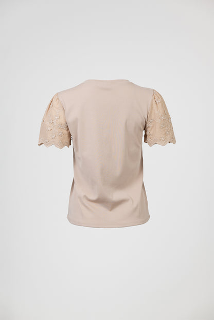 Дамска бежова тениска с бродирани ръкави от памук – Soft Тоuch
