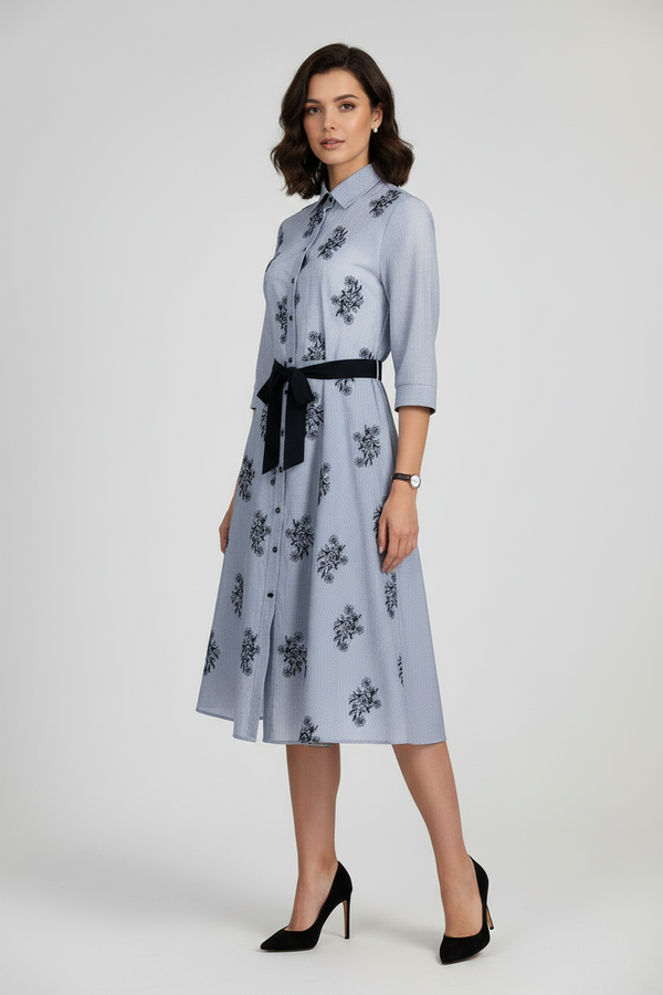 Памучна риза рокля с бродерия и колан - Blue Poise