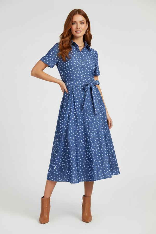 Синя рокля с колан и фин принт - Blue Feather