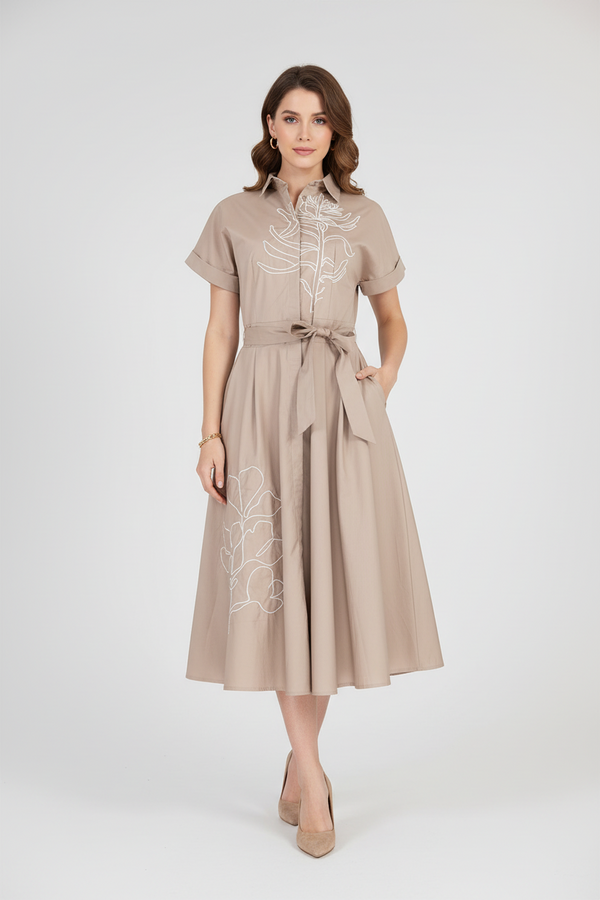 Памучна риза рокля с колан и артистична бродерия - Sand Poetry