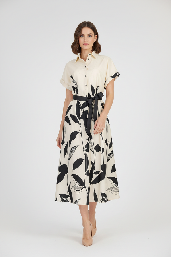Памучна риза рокля с колан - Noir Bloom