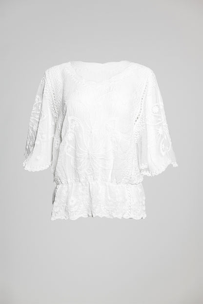 Дамска бяла дантелена блуза с ластик в талията White Grace