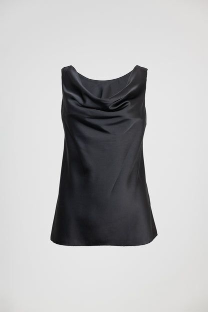 Черен сатенен топ с падащо деколте и изчистена линия - Midnight Silk
