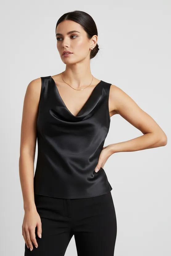 Черен сатенен топ с падащо деколте и изчистена линия - Midnight Silk