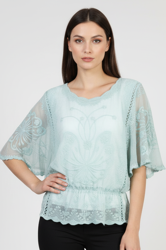 Дамска дантелена блуза с ластик в талията - Mint Grace