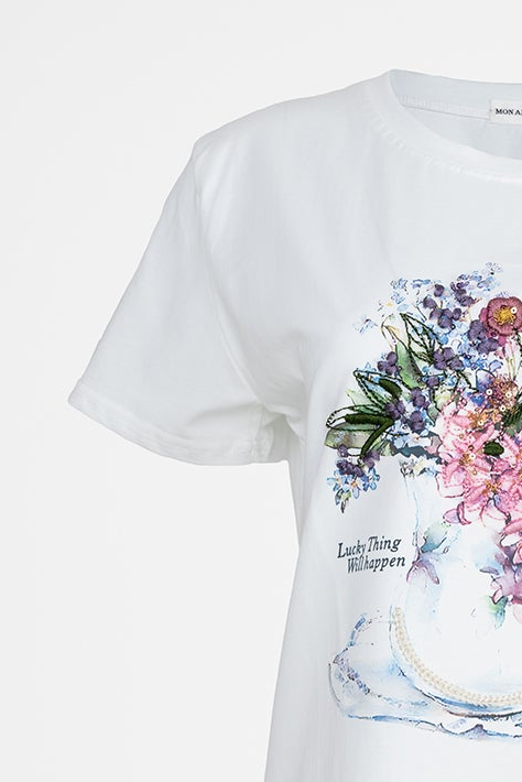 Дамска бяла тениска с флорален принт и надпис – Bloom For Yourself