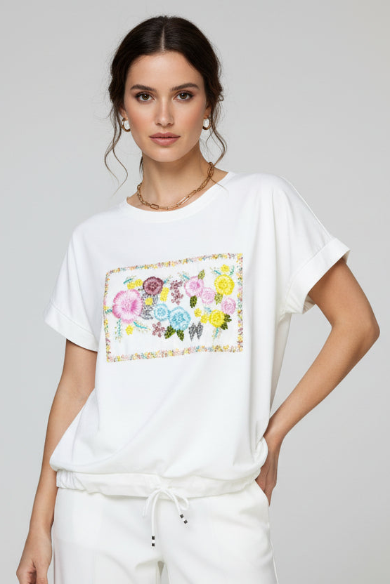 Дамска блуза с цветна 3D бродерия и връзка в подгъва  - Pastel Flow