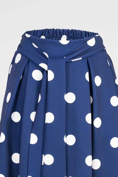 Синя пола на бели точки с колан и странични джобове - Marina Dot