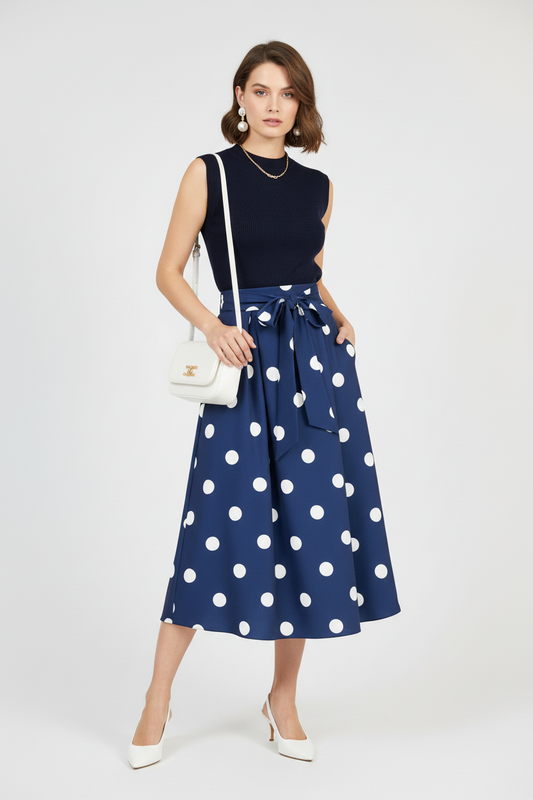 Синя пола на бели точки с колан и странични джобове - Marina Dot