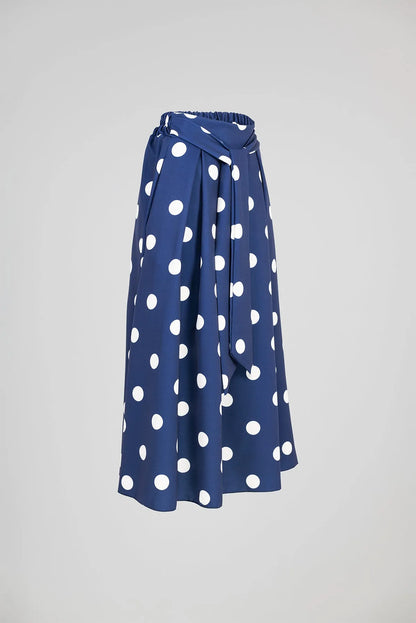 Синя пола на бели точки с колан и странични джобове - Marina Dot