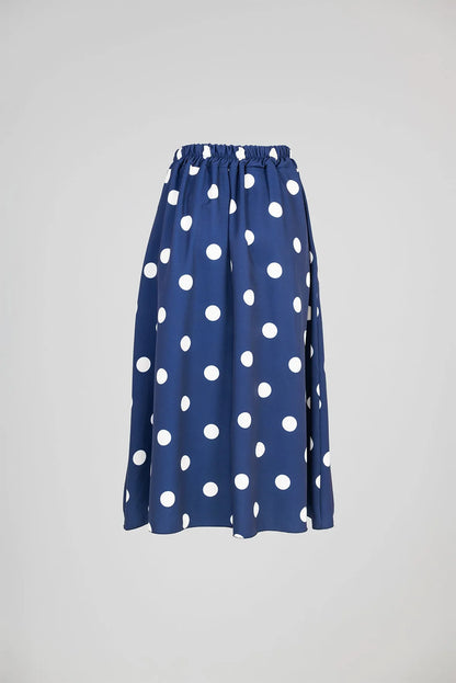 Синя пола на бели точки с колан и странични джобове - Marina Dot