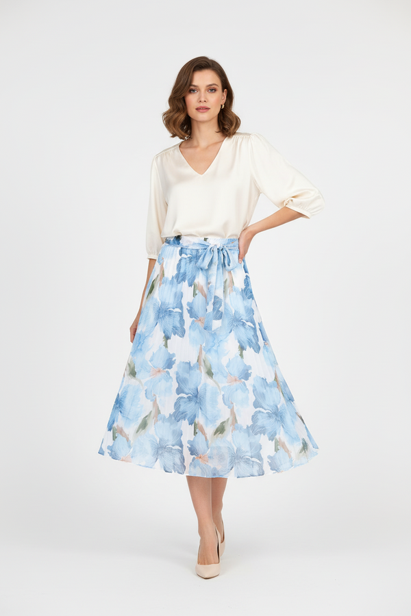 Небесно синя флорална пола с колан и подплата - Sky Blossom