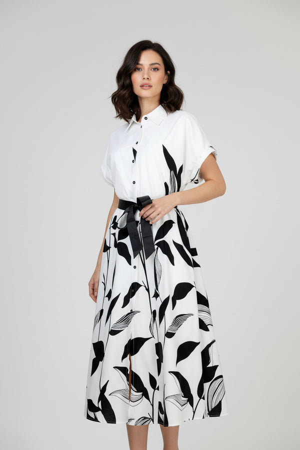Памучна бяла риза рокля с колан - Noir Bloom