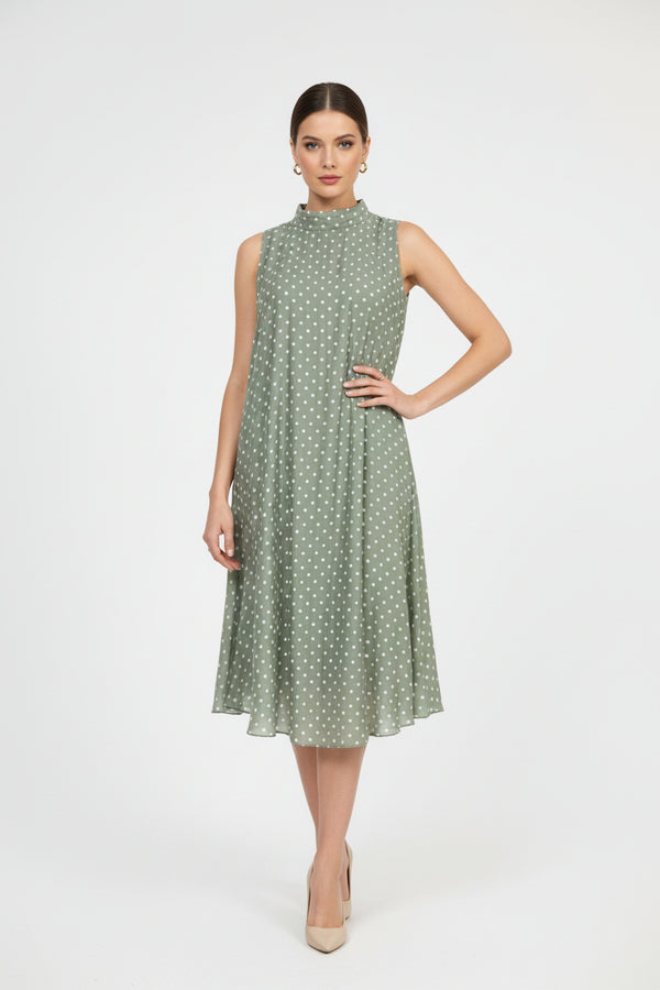 Ефирна рокля на точки с панделка и подплата в светлозелено -  Sage Dots