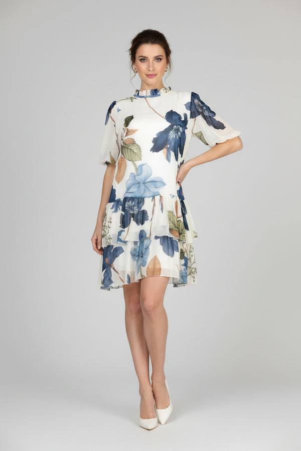 Къса флорална рокля с подплата в синьо-бялo - Blue Flower