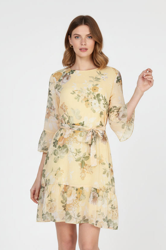 Дамска жълта рокля с флорален принт и колан – Sunny Mood