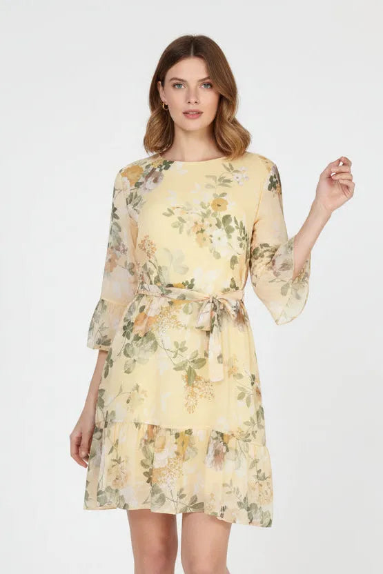 Дамска жълта рокля с флорален принт и колан – Sunny Mood