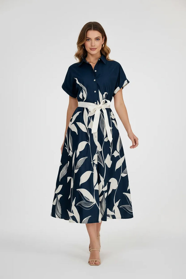Памучна тъмно синя риза рокля с колан - Noir Bloom