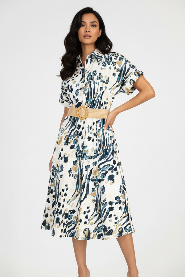 Памучна риза рокля с артистичен принт и колан - Animal Glow