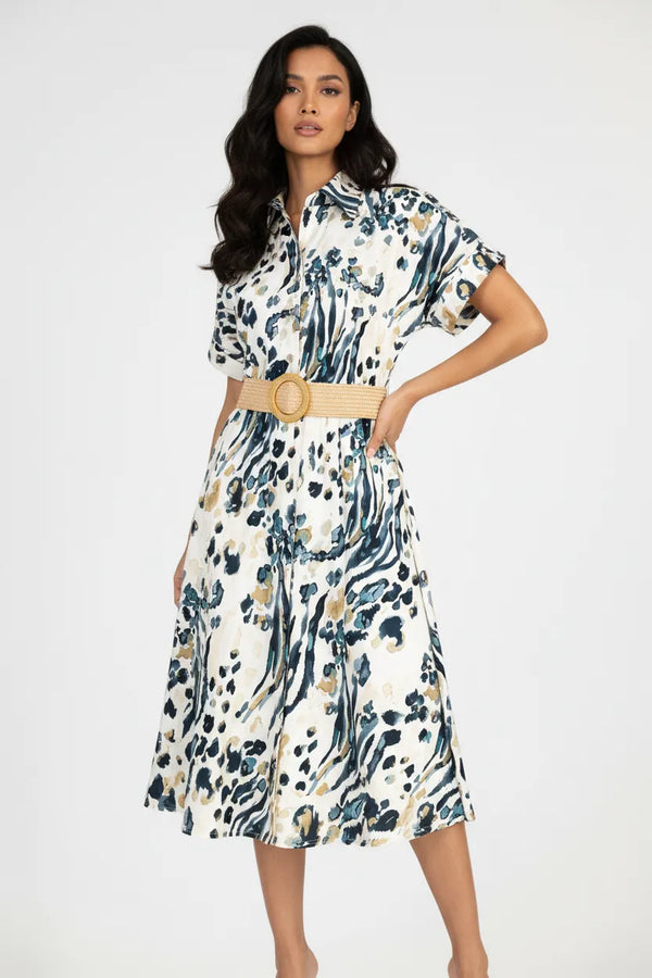 Памучна риза рокля с артистичен принт и колан - Animal Glow