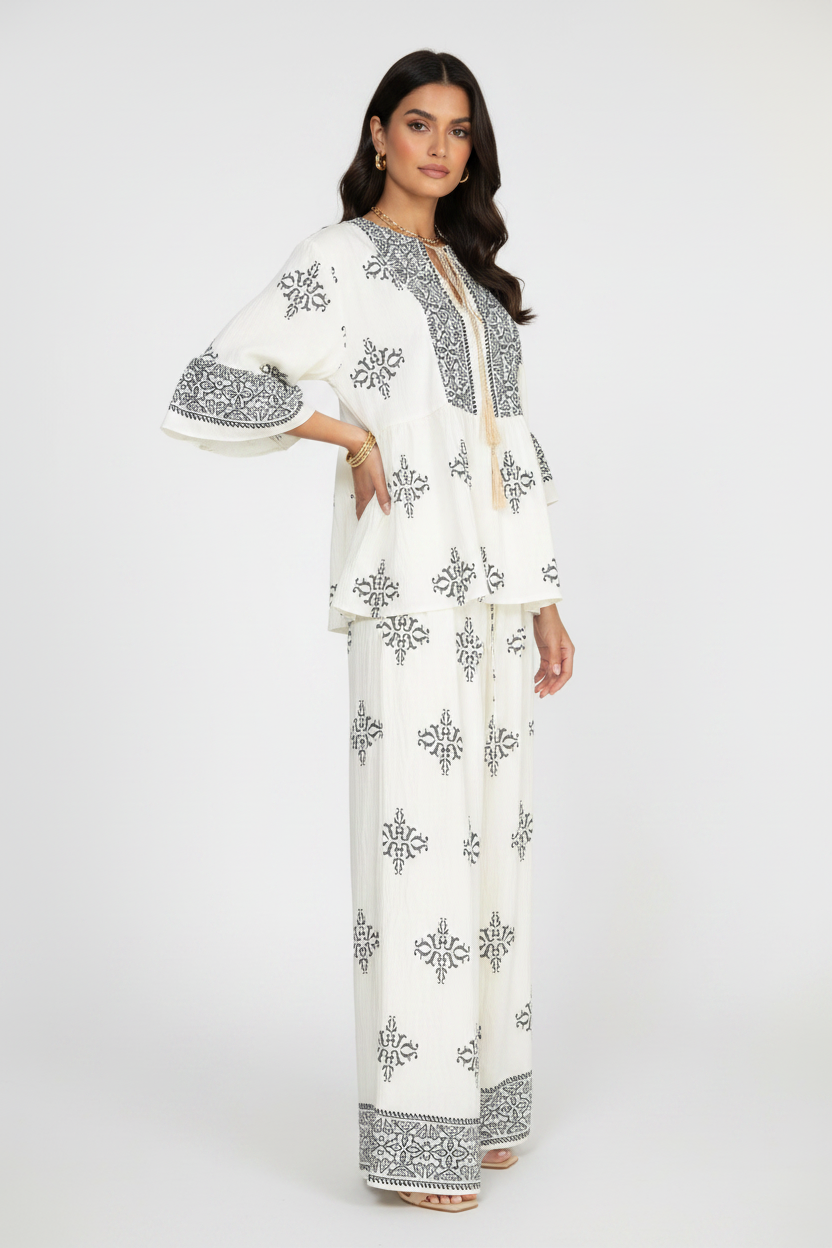 Дамски комплект блуза и панталон с бродерия – Boho Grace