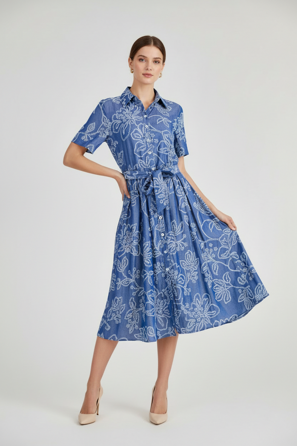 Дамска синя рокля тип риза с бял флорален принт и колан – Blue Sky