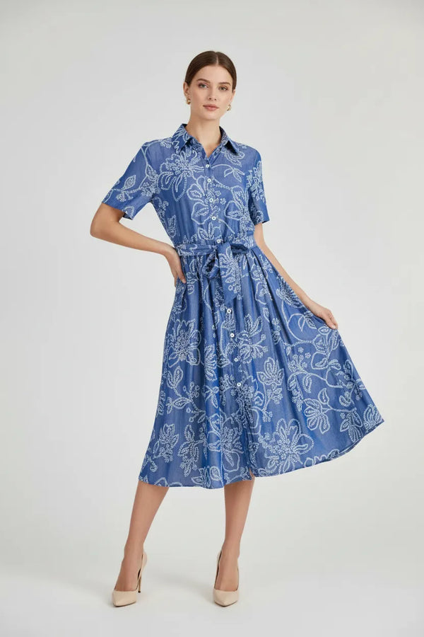 Дамска синя рокля тип риза с бял флорален принт и колан – Blue Sky