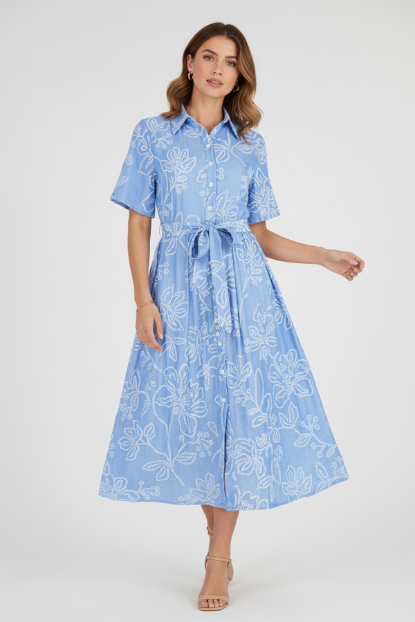 Дамска светло синя рокля риза с бял принт и колан – Blue Sky