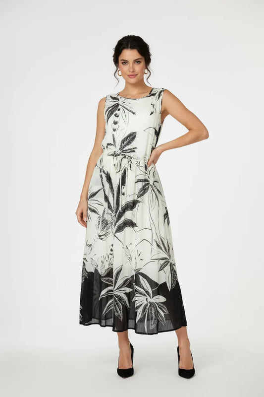 Дамска черно-бяла рокля без ръкави с флорален принт – Monochrome Muse