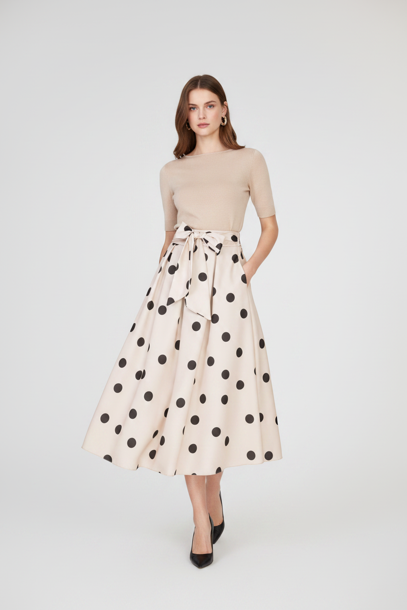 Бежова пола на кафеви точки с колан и странични джобове - Marina Dot