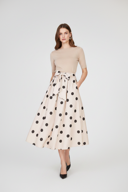 Бежова пола на кафеви точки с колан и странични джобове - Marina Dot