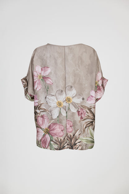Дамска сатенена блуза с флорален принт в бежово – Floral Satin