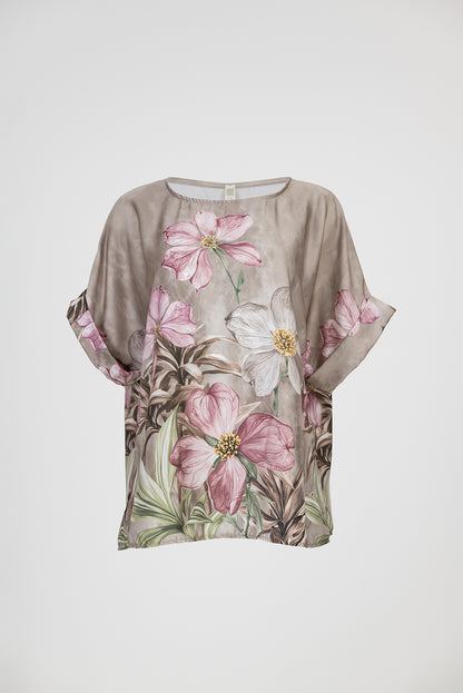 Дамска сатенена блуза с флорален принт в бежово – Floral Satin