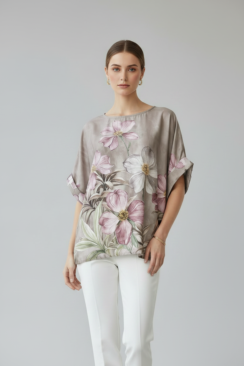 Дамска сатенена блуза с флорален принт в бежово – Floral Satin