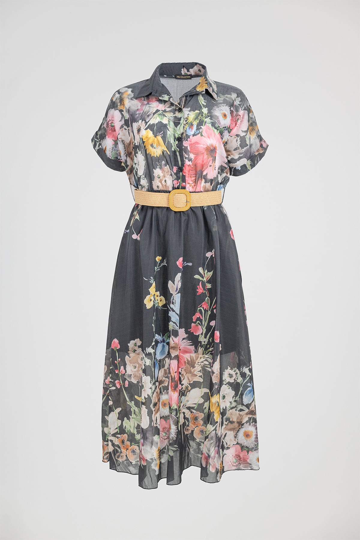 Дамска черна рокля с флорален принт и колан – Floral Night