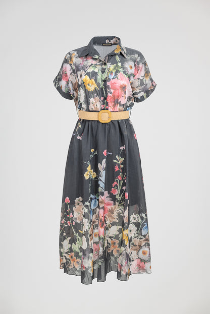 Дамска черна рокля с флорален принт и колан – Floral Night