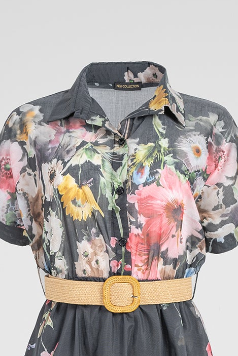 Дамска черна рокля с флорален принт и колан – Floral Night