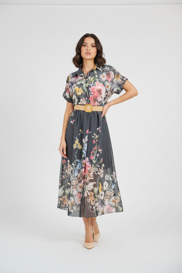 Дамска черна рокля с флорален принт и колан – Floral Night