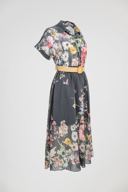 Дамска черна рокля с флорален принт и колан – Floral Night