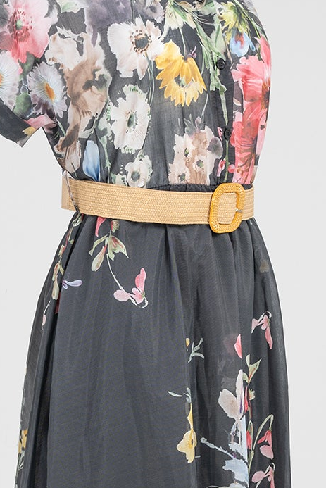 Дамска черна рокля с флорален принт и колан – Floral Night