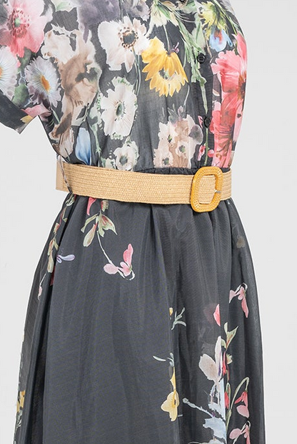 Дамска черна рокля с флорален принт и колан – Floral Night