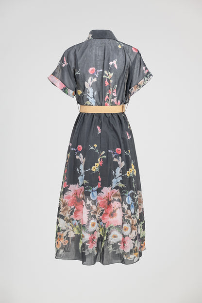 Дамска черна рокля с флорален принт и колан – Floral Night