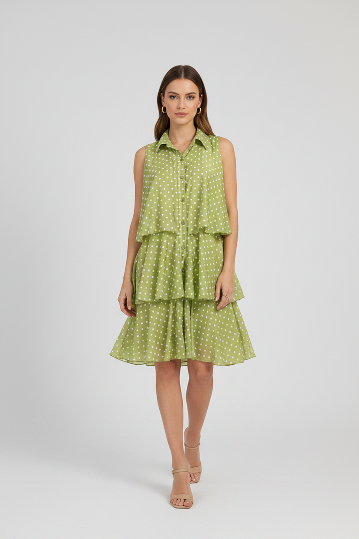 Дамска зелена рокля на точки с волани и яка – Lime Dots