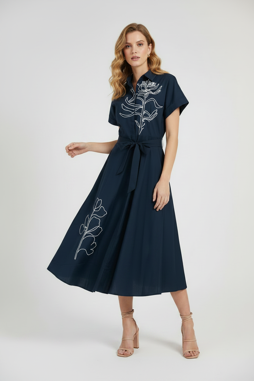 Памучна риза рокля с колан и артистична бродерия - Dark Poetry