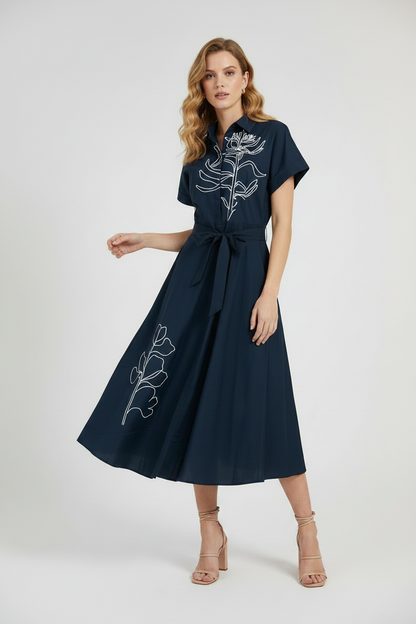 Памучна риза рокля с колан и артистична бродерия - Dark Poetry