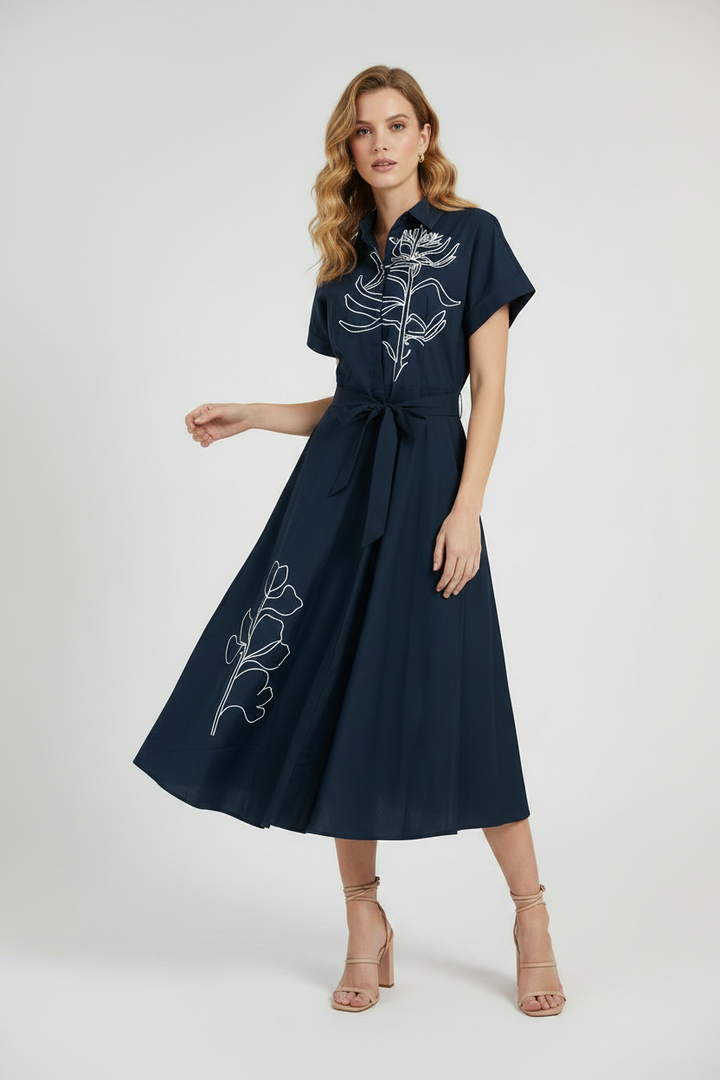 Памучна риза рокля с колан и артистична бродерия - Dark Poetry