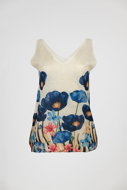 Дамски топ с флорален принт и V-образно деколте – Blue Garden