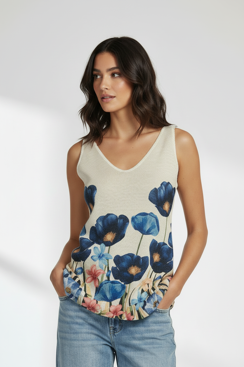 Дамски топ с флорален принт и V-образно деколте – Blue Garden
