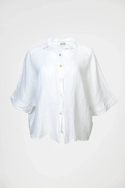 Дамска бяла ленена риза със свободна кройка – Pure Linen-ризи с къс ръкав-6Sense